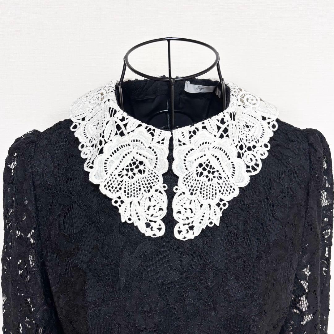 Leja レースビッグカラー花柄ウエストマークロングフレアワンピース 結婚式 S