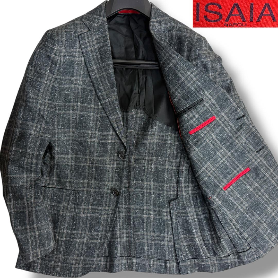 J7437 美品 イザイア CAPRIチェック柄リネンジャケット 濃灰 46