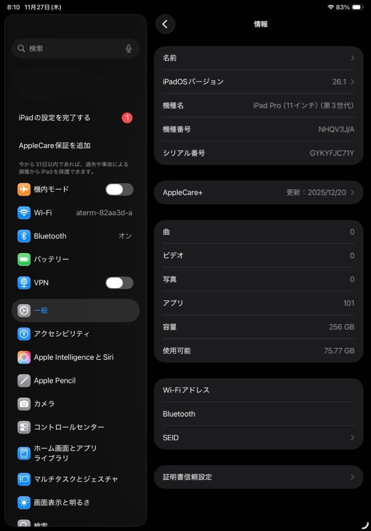 【AppleCareあり】iPad Pro (第3世代) 11インチ256GB