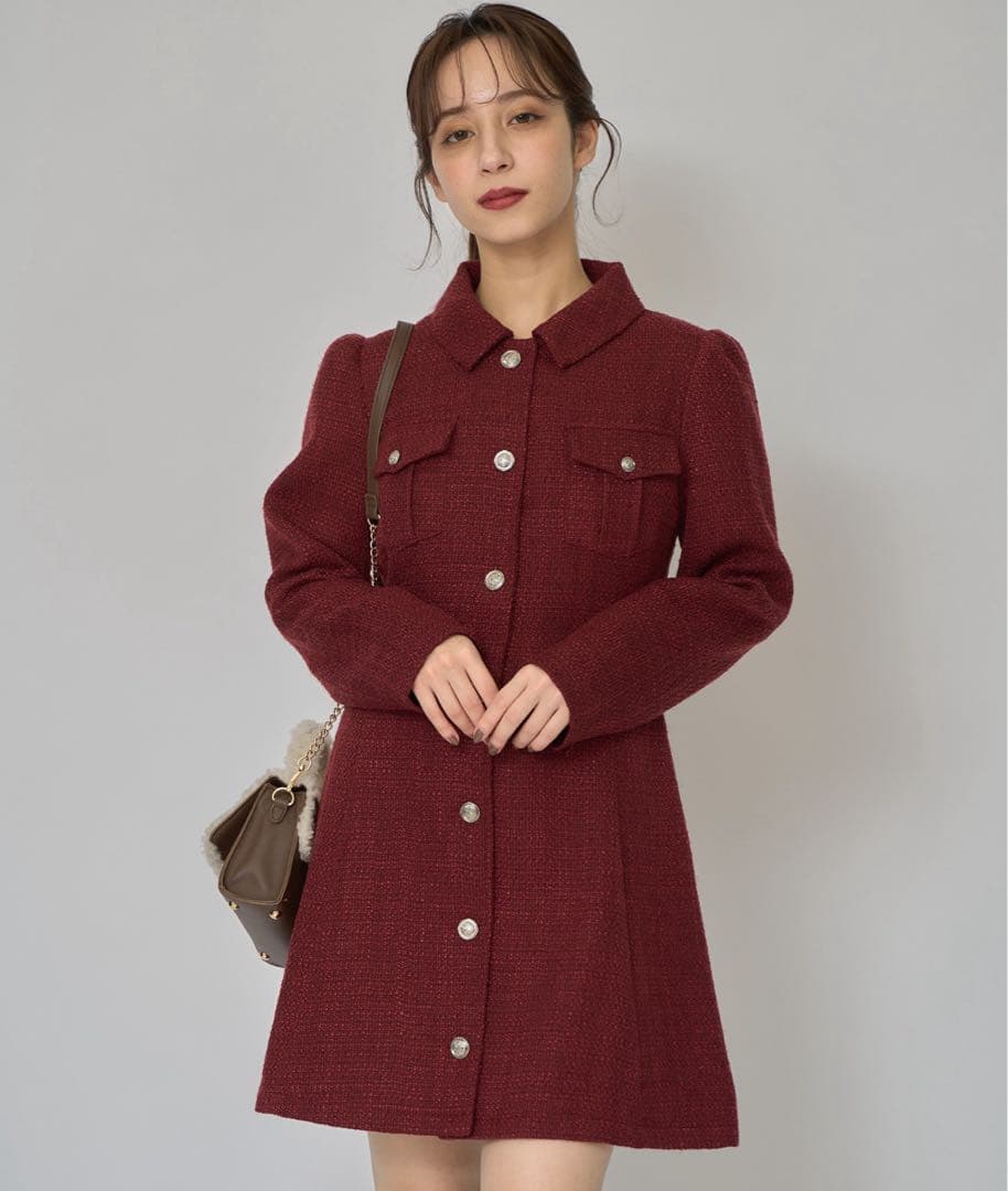 REDYAZEL エンブレムボタンツイードシャツミニワンピース ボルドー