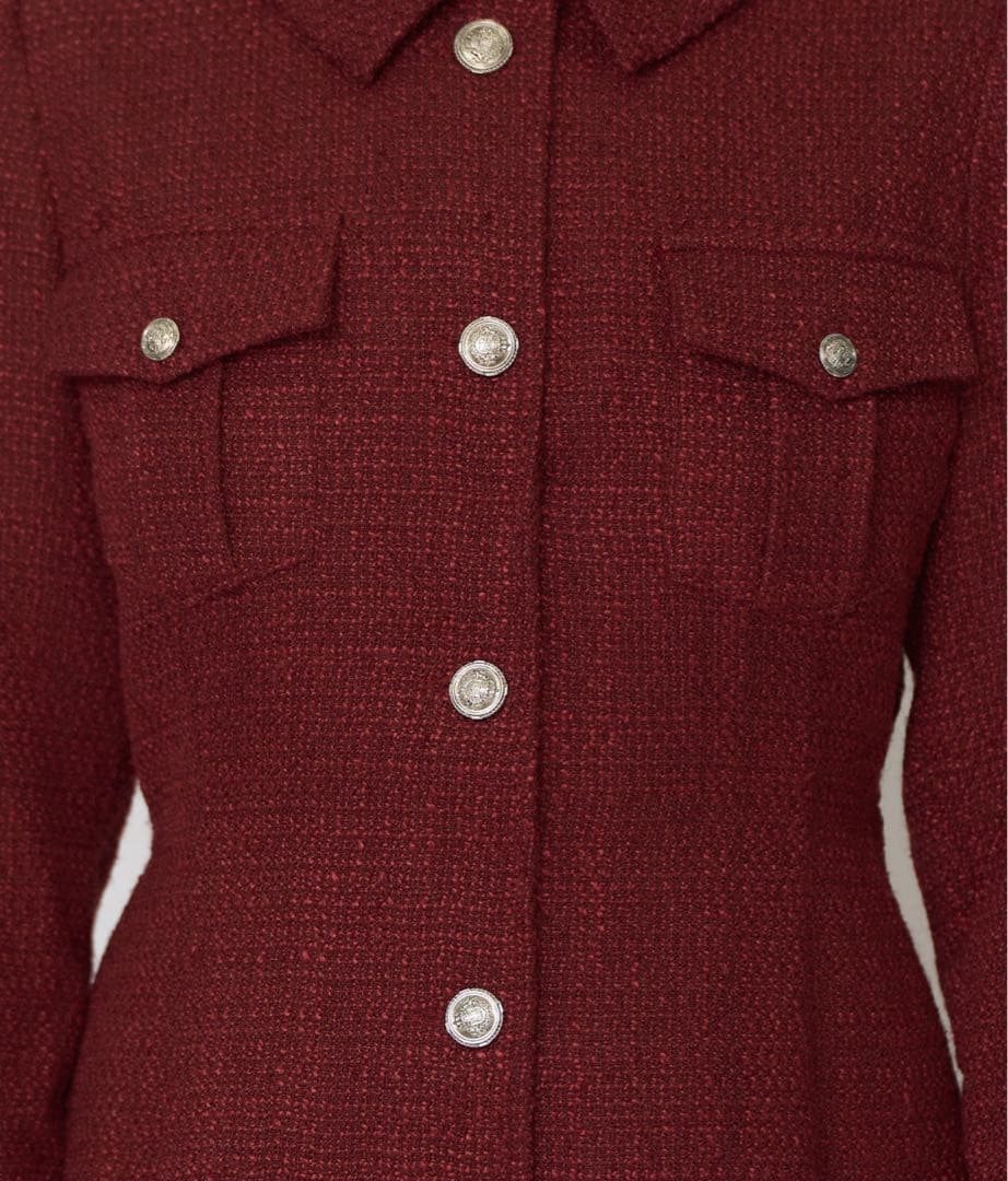 REDYAZEL エンブレムボタンツイードシャツミニワンピース ボルドー