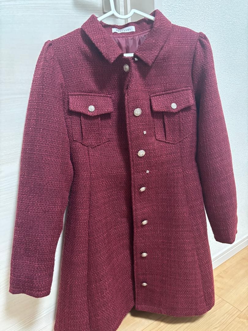 REDYAZEL エンブレムボタンツイードシャツミニワンピース ボルドー