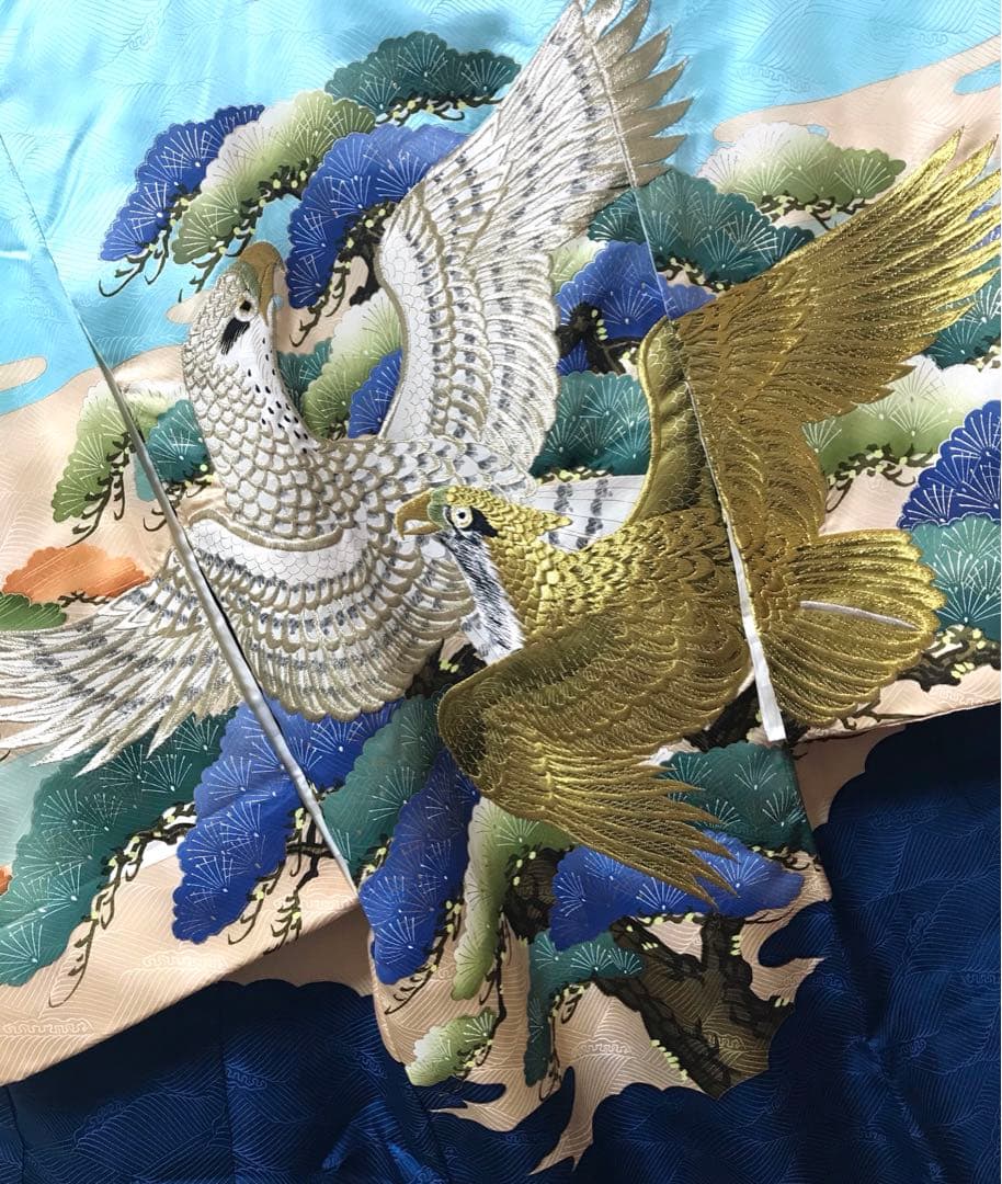 お宮参り着物　男の子　産着　豪華金銀刺繍❗️勇ましい鷹　鮮やかブルー❤️