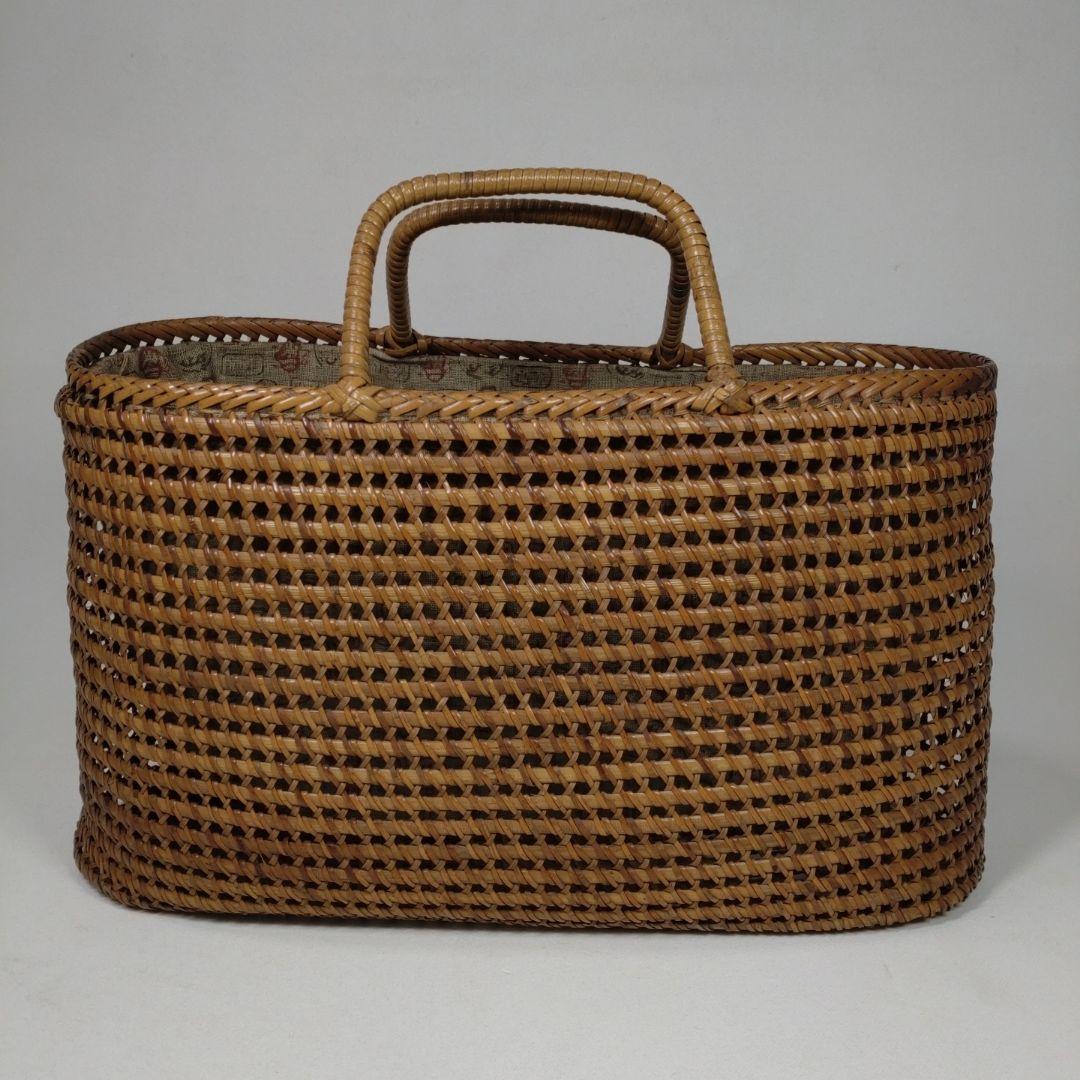 古い 籐編み 手提げ 籠／かご 古布 籐 バッグ