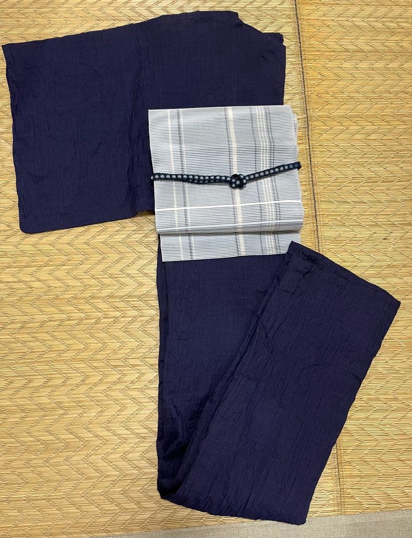 美品　小千谷ちぢみ　麻　鉄紺　身丈157身幅広め