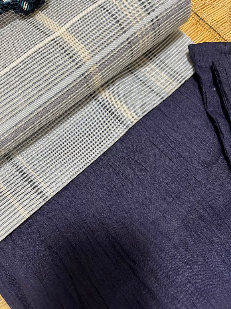 美品　小千谷ちぢみ　麻　鉄紺　身丈157身幅広め