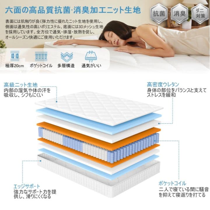 高反発 プレミアム ポケットコイル マットレス セミダブル ベッド 極厚