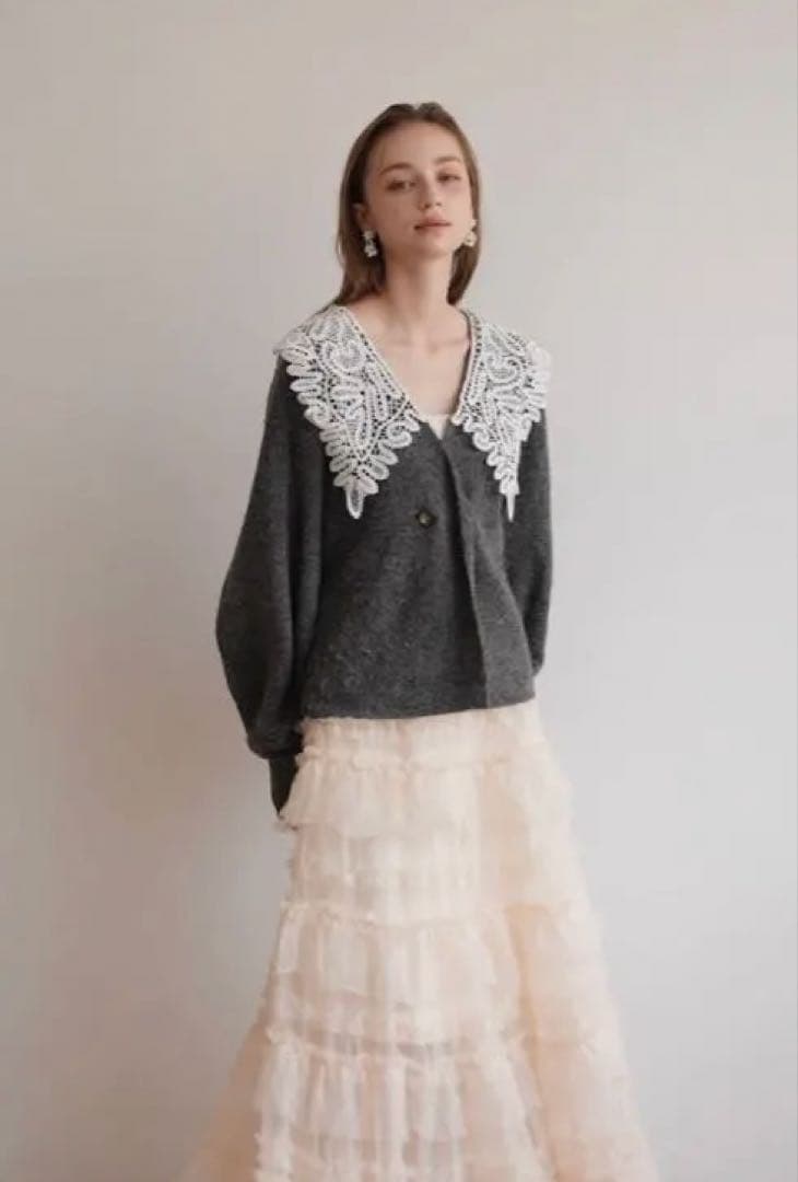トップス lace collar knit cardigan/Acka