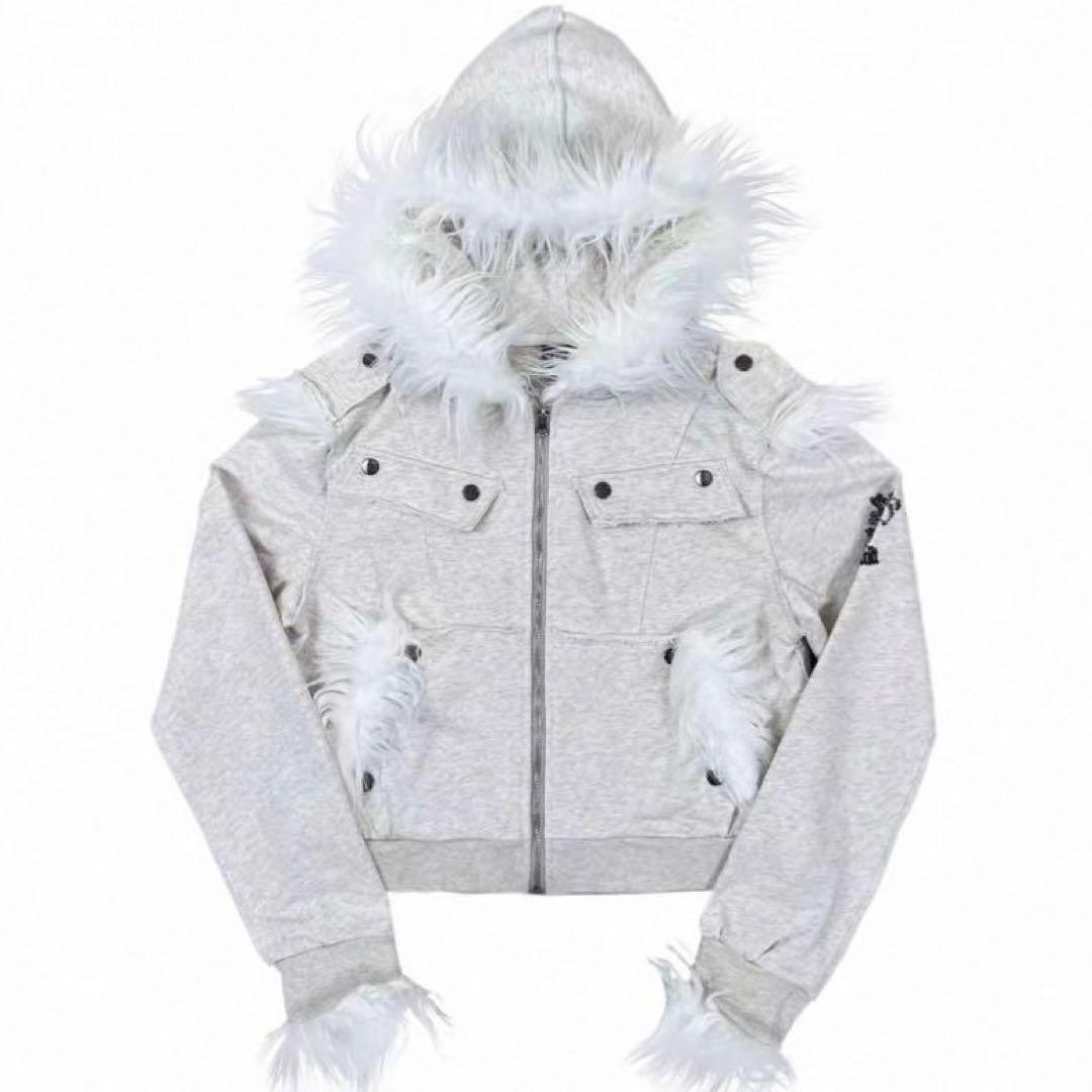 ファー パーカー 白 HIPHOP Y2K ミリタリー 短丈drip ギャル