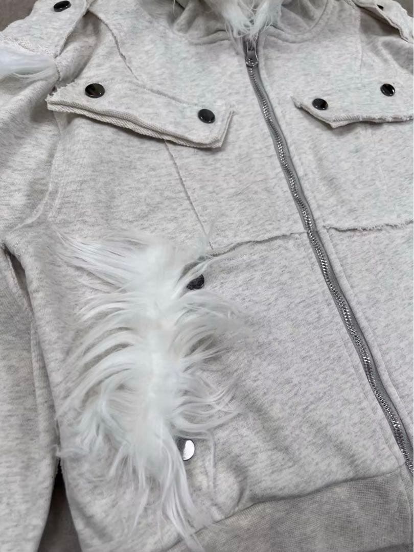 ファー パーカー 白 HIPHOP Y2K ミリタリー 短丈drip ギャル