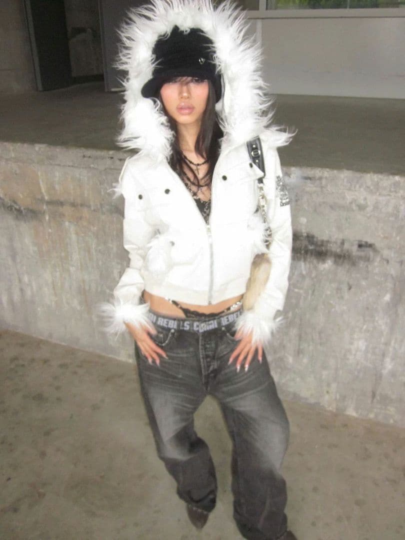 ファー パーカー 白 HIPHOP Y2K ミリタリー 短丈drip ギャル