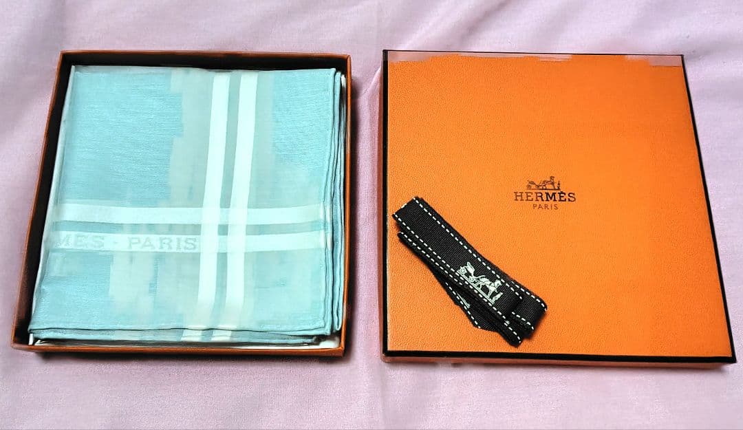 【未使用品】HERMES 水色 ストライプ ハンカチ ジャガード ドゥ H
