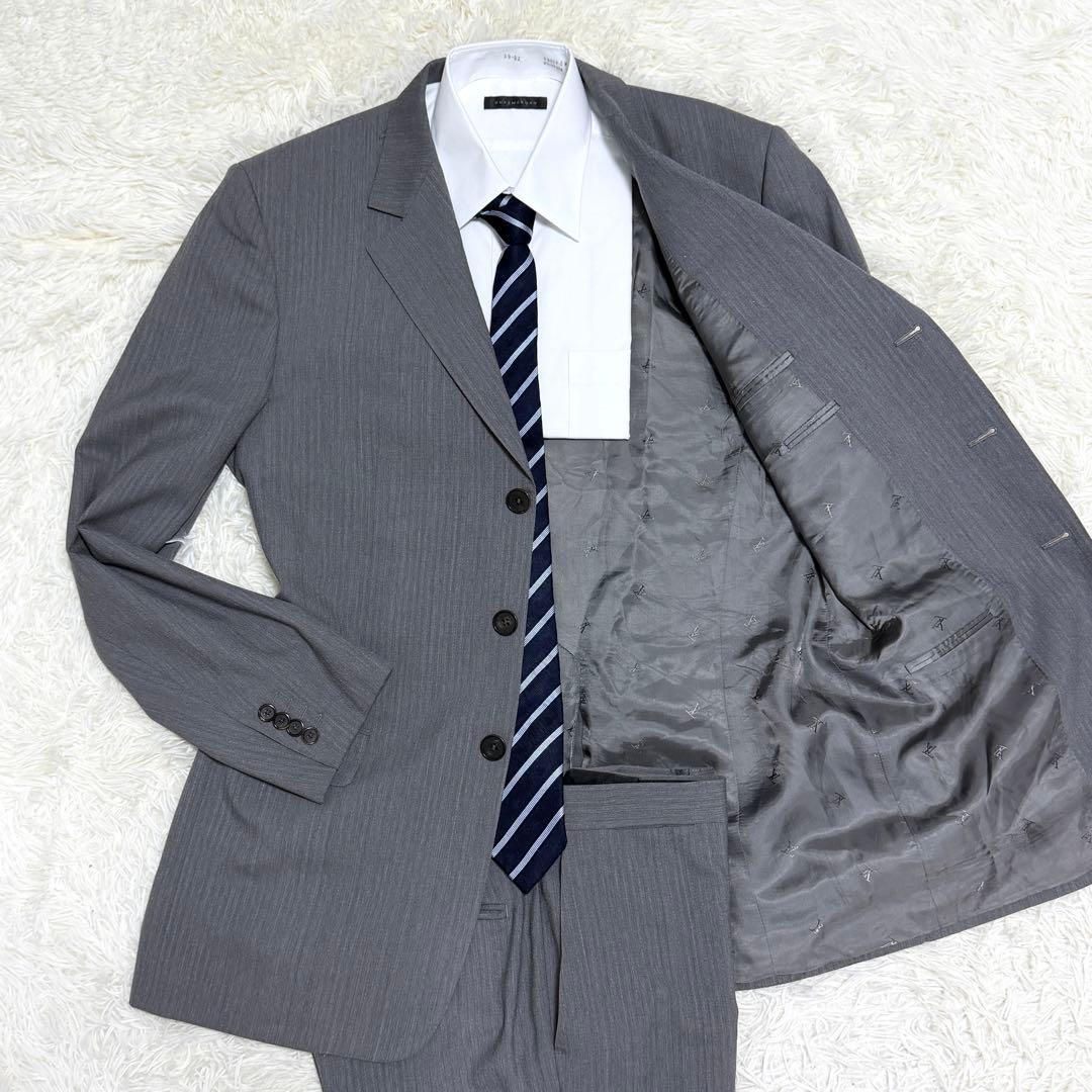 【美品】ルイヴィトン セットアップ スーツ LVロゴ ストライプ グレー 54