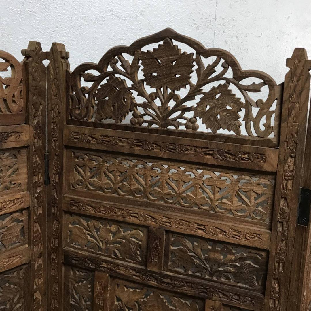 アジアン家具 4連パーテーション 透かし彫り 衝立 間仕切り 彫刻