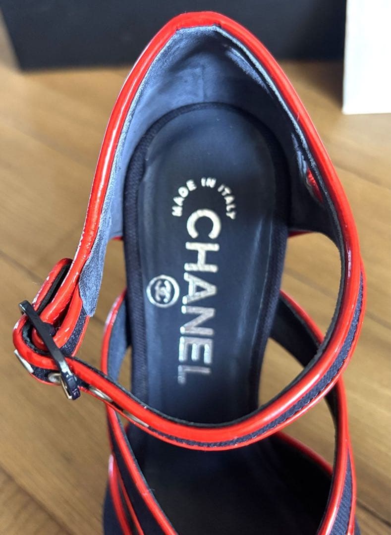 未使用品　シャネル　オープントゥハイヒール レッド/ネイビー 34