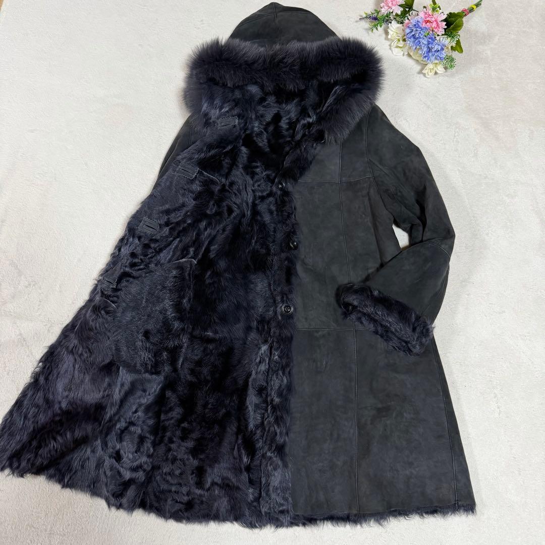 美品★ムートンコート　フォックスファー　フード　ラム　リアルファー　グレー　F