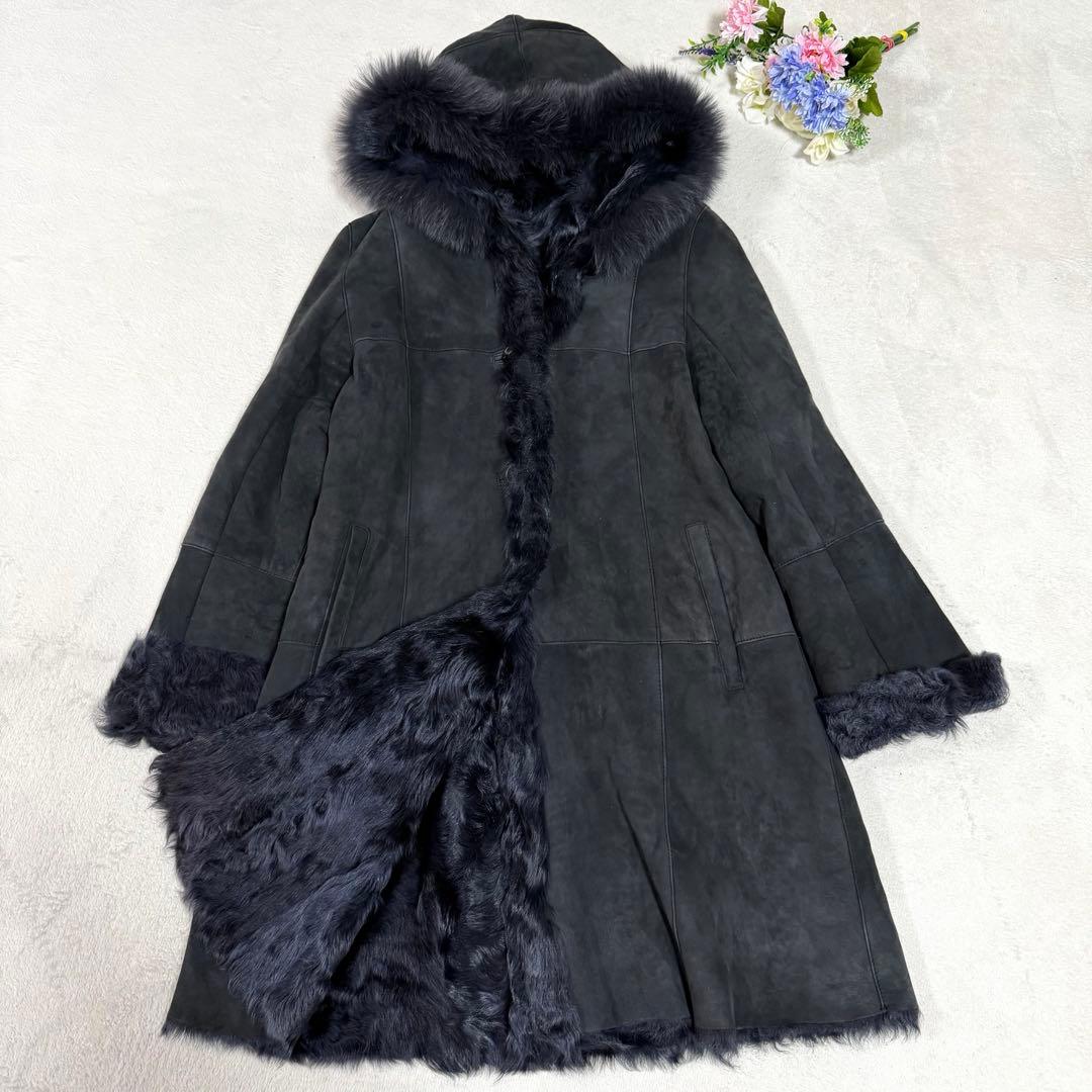 美品★ムートンコート　フォックスファー　フード　ラム　リアルファー　グレー　F