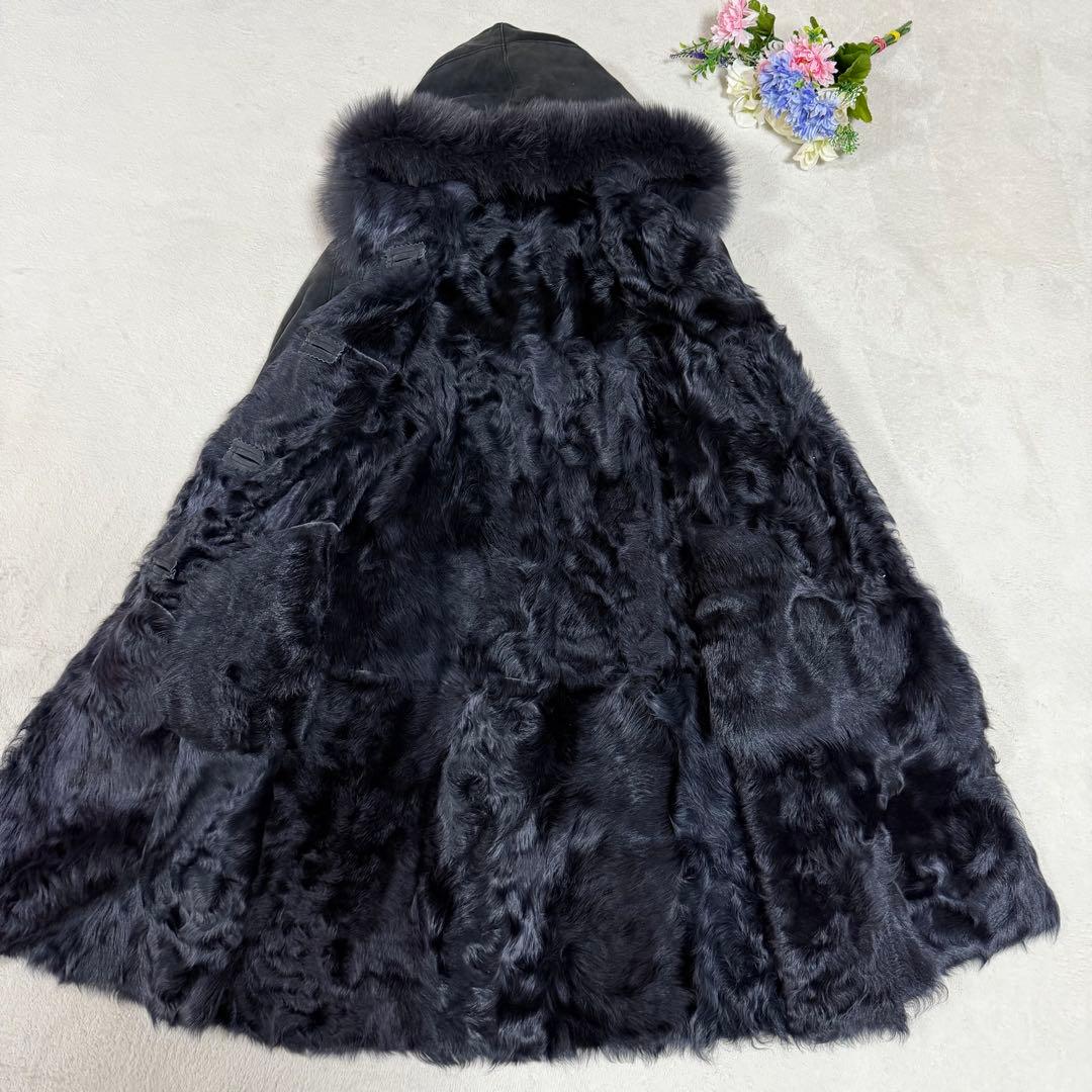 美品★ムートンコート　フォックスファー　フード　ラム　リアルファー　グレー　F