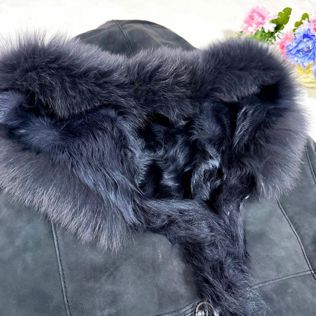 美品★ムートンコート　フォックスファー　フード　ラム　リアルファー　グレー　F
