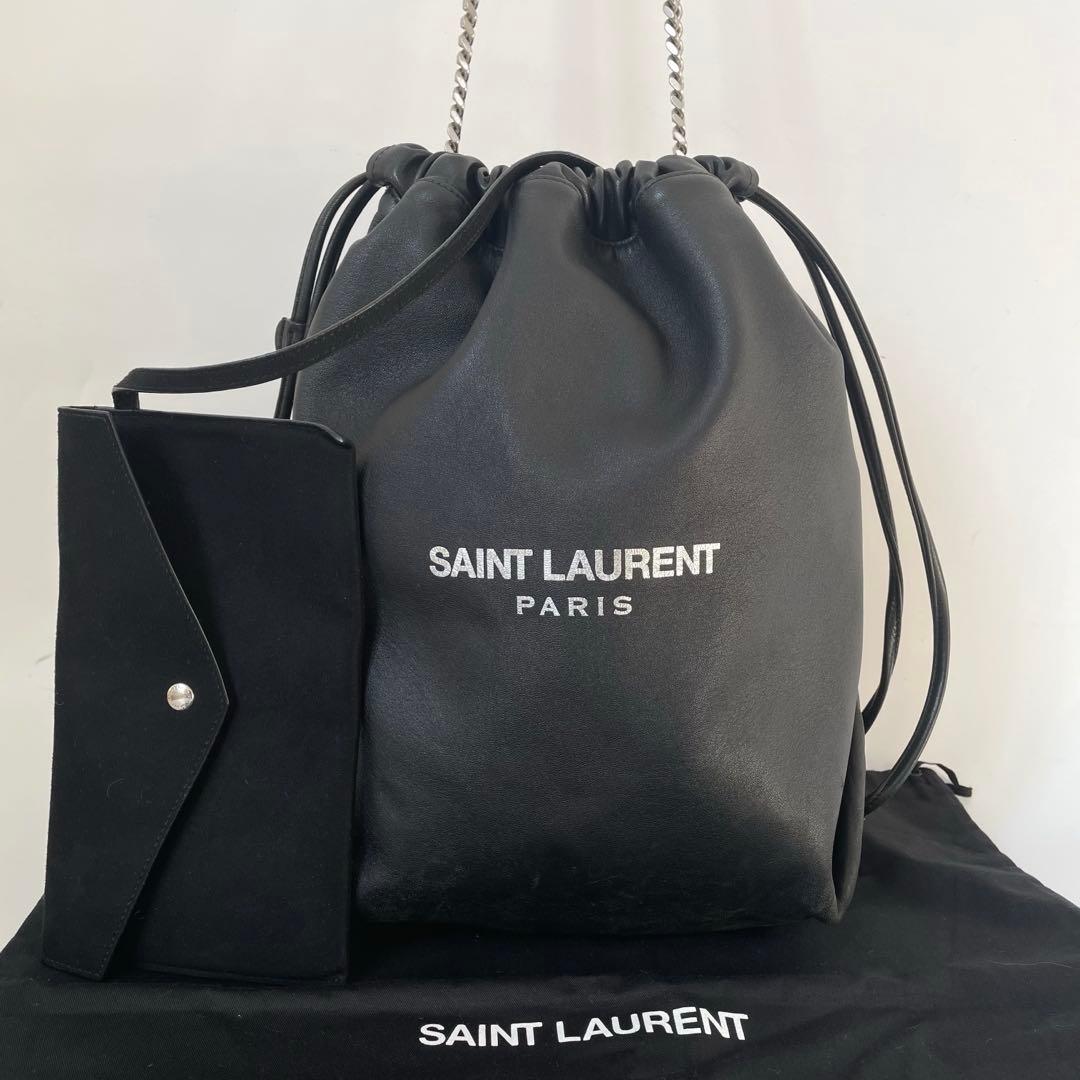 【極美品】サンローラン テディ ショルダーバッグ チェーン 巾着 レザー 黒