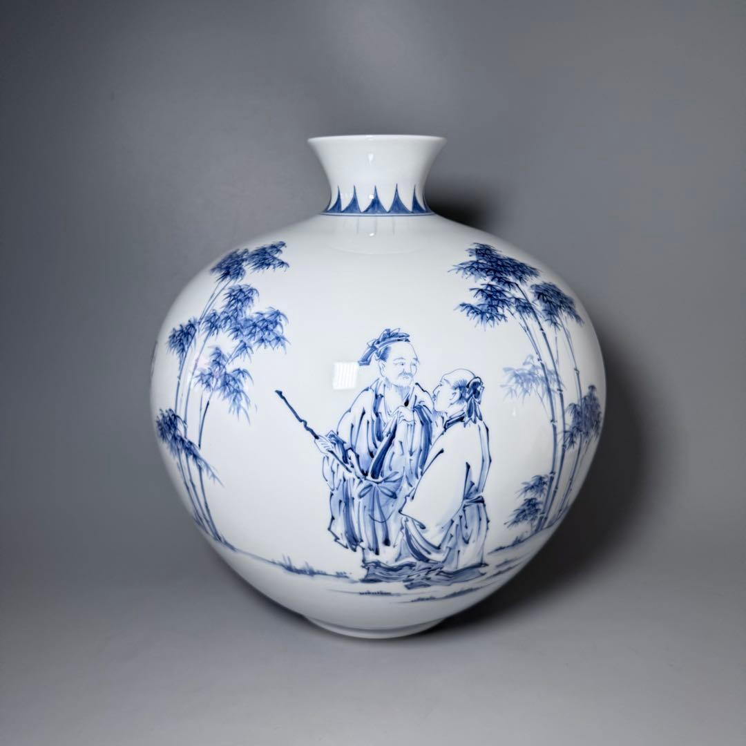 人間国宝　井上萬二　染付竹林賢人図花瓶　高32cm！　最高位大作　銘　萬二作