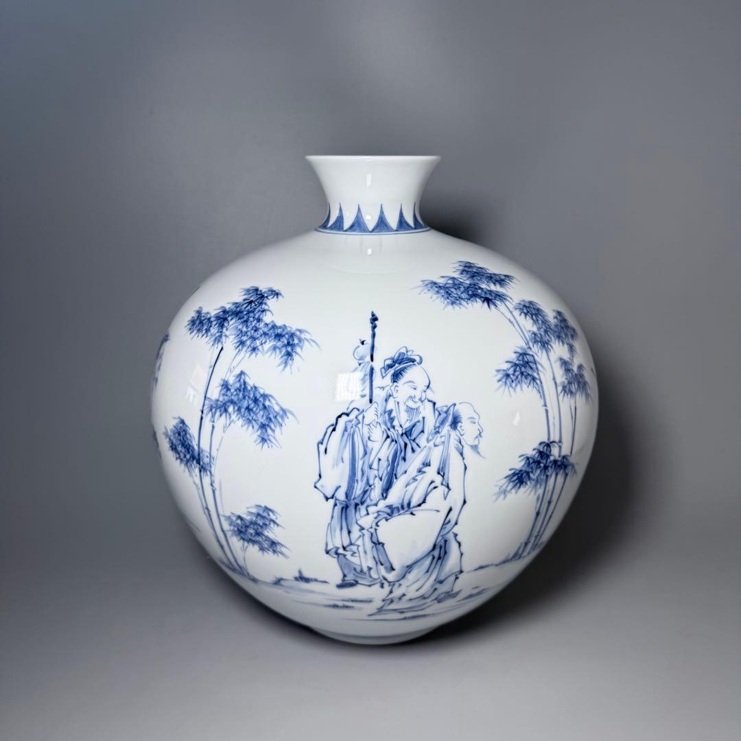 人間国宝　井上萬二　染付竹林賢人図花瓶　高32cm！　最高位大作　銘　萬二作