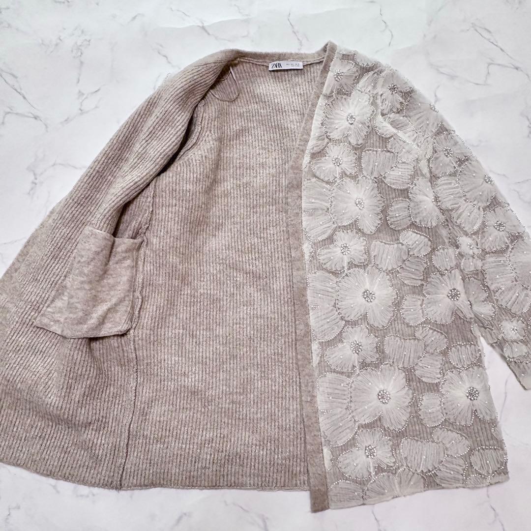 美品 ZARA ザラ コントラスト フェイクパール ニット コート カーディガン