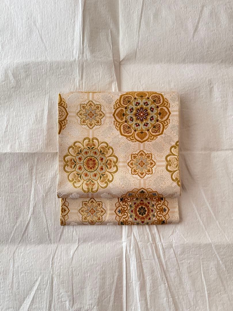 【名門・加藤善】西陣織 袋帯 正倉院華紋 金糸 オフホワイト 証紙あり 未仕立品