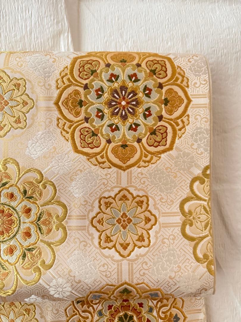 【名門・加藤善】西陣織 袋帯 正倉院華紋 金糸 オフホワイト 証紙あり 未仕立品