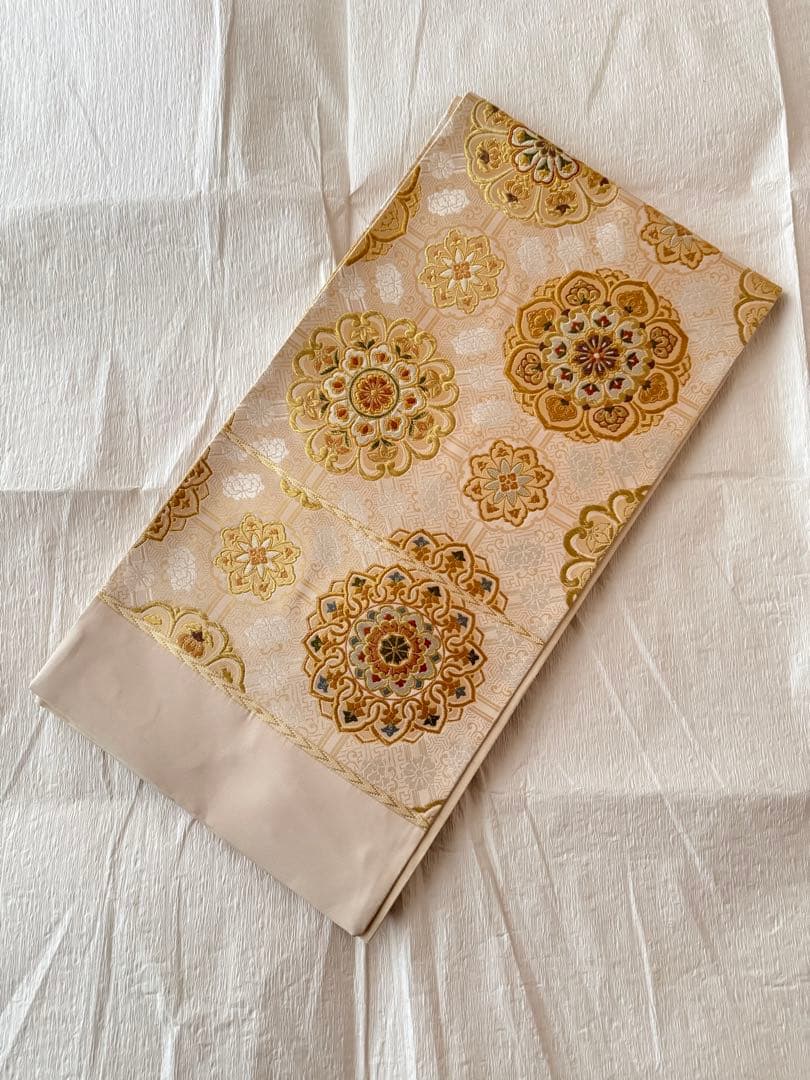 【名門・加藤善】西陣織 袋帯 正倉院華紋 金糸 オフホワイト 証紙あり 未仕立品