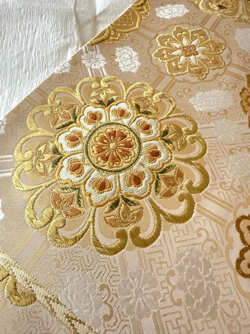 【名門・加藤善】西陣織 袋帯 正倉院華紋 金糸 オフホワイト 証紙あり 未仕立品