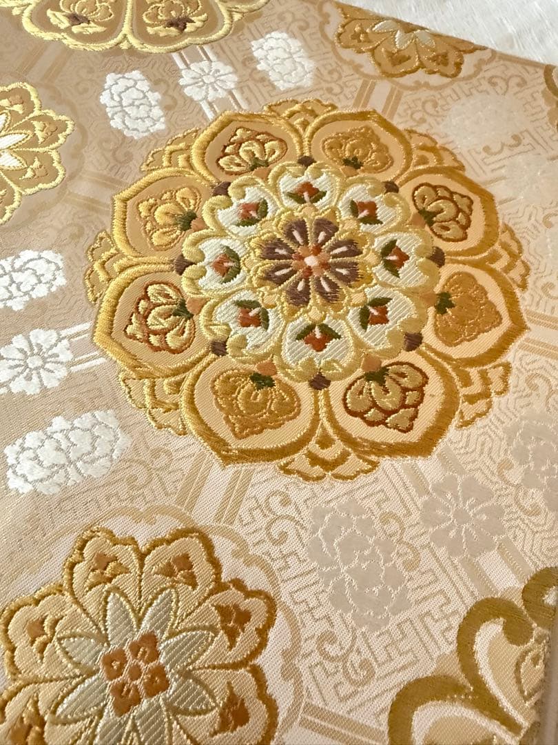 【名門・加藤善】西陣織 袋帯 正倉院華紋 金糸 オフホワイト 証紙あり 未仕立品