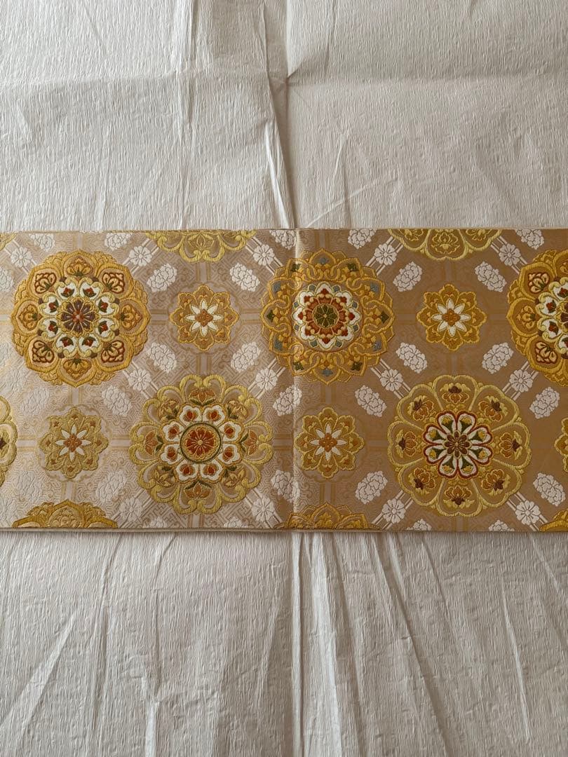 【名門・加藤善】西陣織 袋帯 正倉院華紋 金糸 オフホワイト 証紙あり 未仕立品