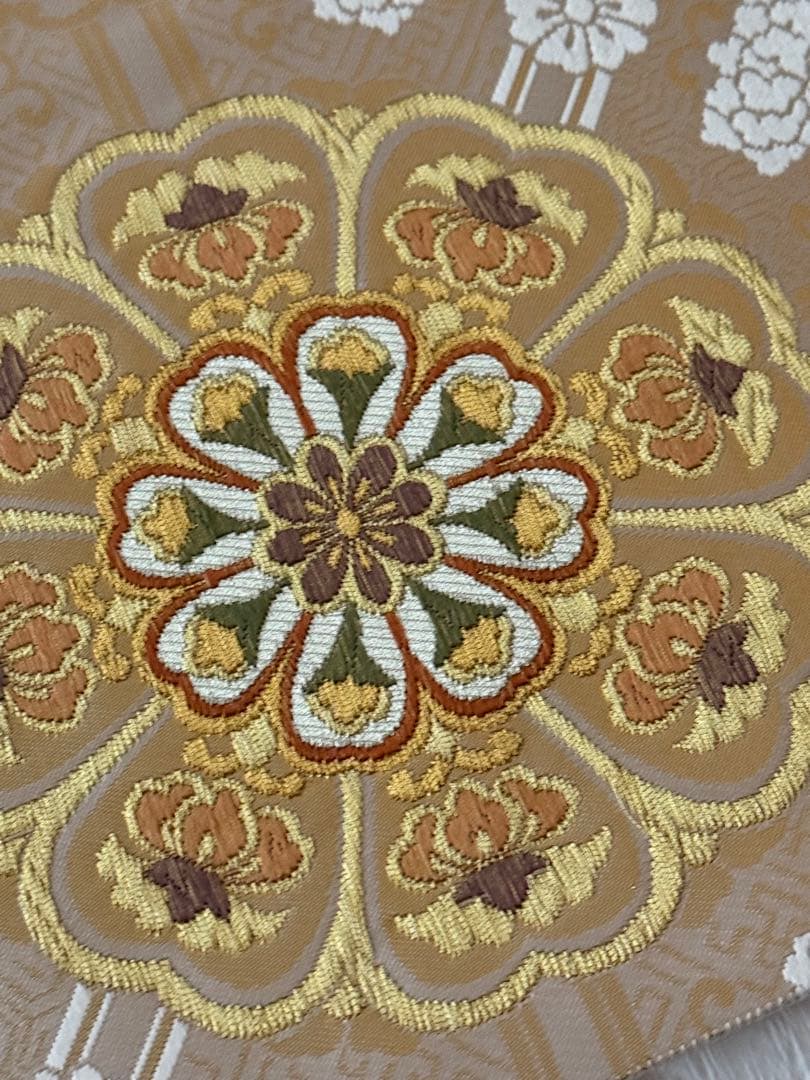 【名門・加藤善】西陣織 袋帯 正倉院華紋 金糸 オフホワイト 証紙あり 未仕立品