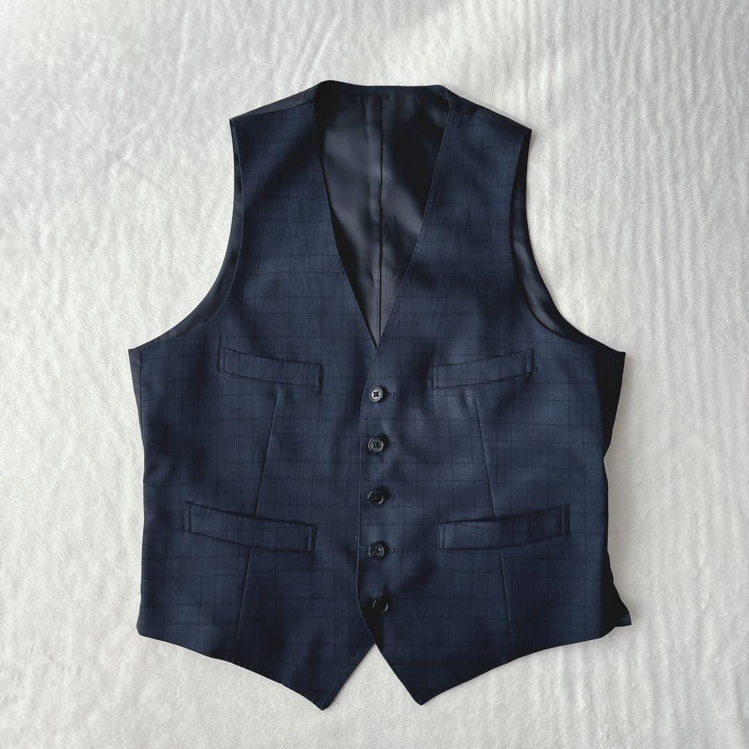 【美品】ユニバーサルランゲージ　スリーピース　スーツ　チェック柄　ネイビー