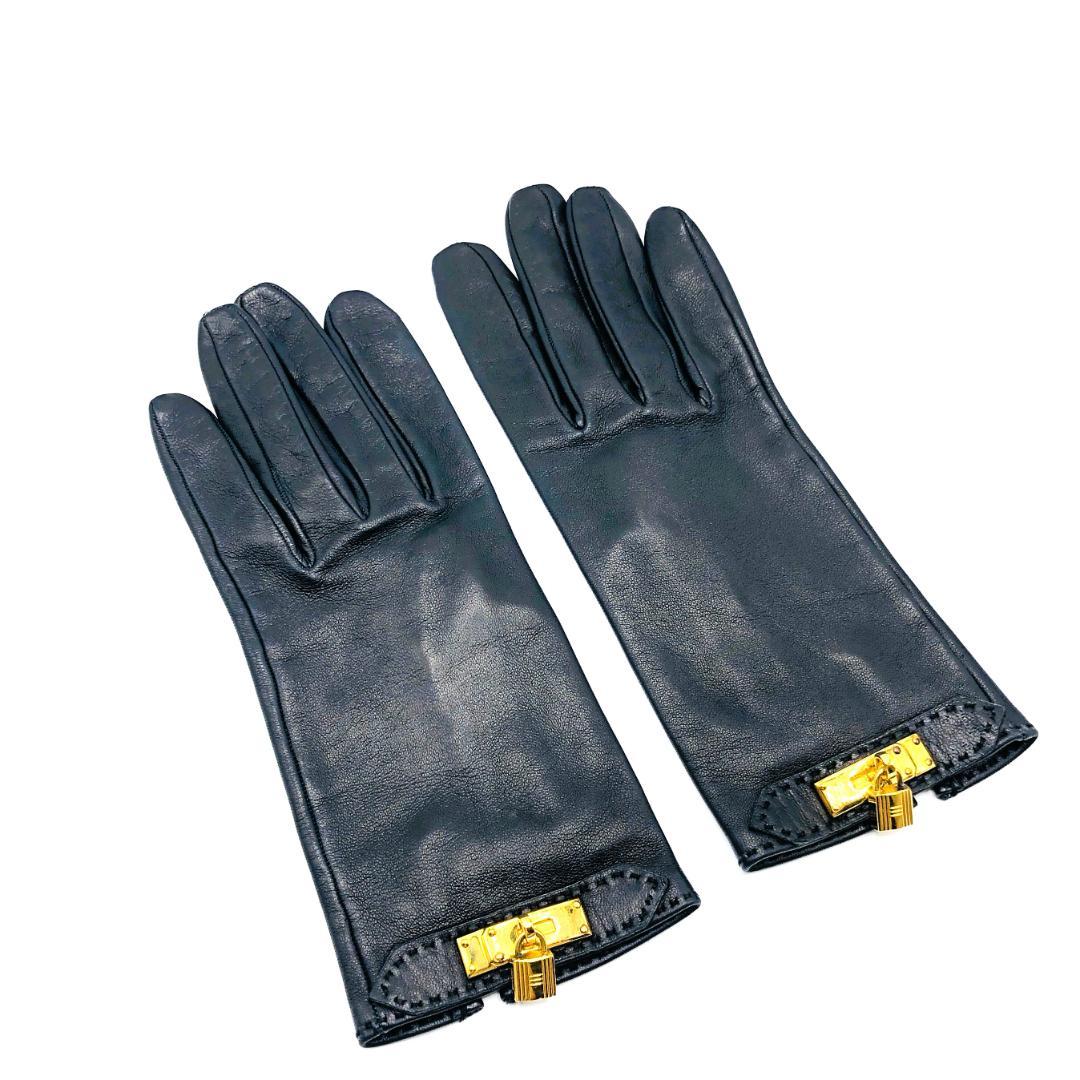 HERMES エルメス レザーグローブ ケリーカデナ ゴールド 黒 手袋 美品