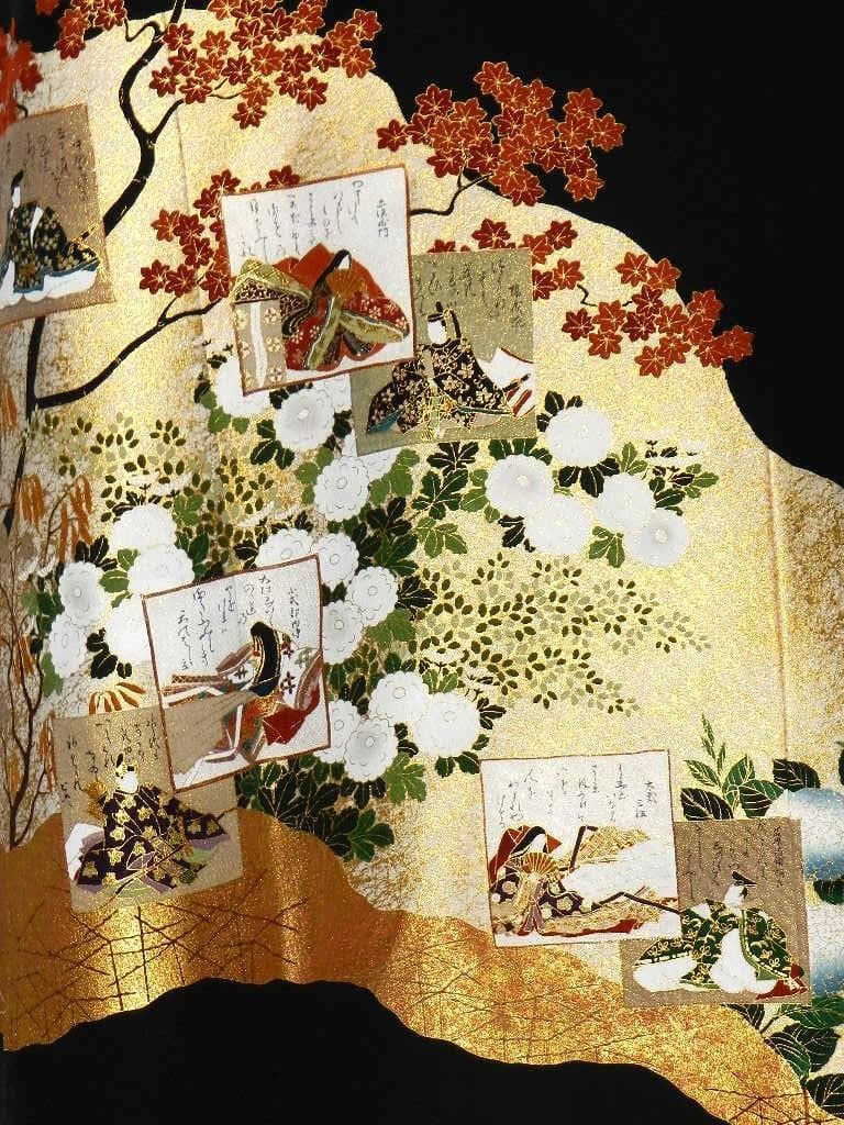 留袖　ワンピース　ドレス　フレアー袖　逸品　百人一首　正絹　482　夢ちりめん