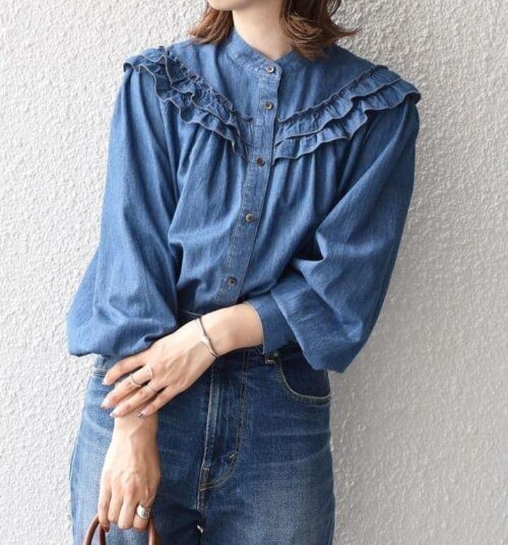 SHIPSデニムフリルシャツ 長袖