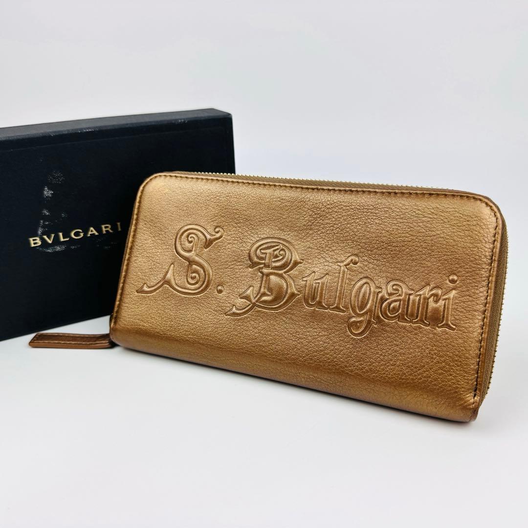 美品　希少　ブルガリ　ゴールド レザー 長財布　ロゴ　小物　ラウンド