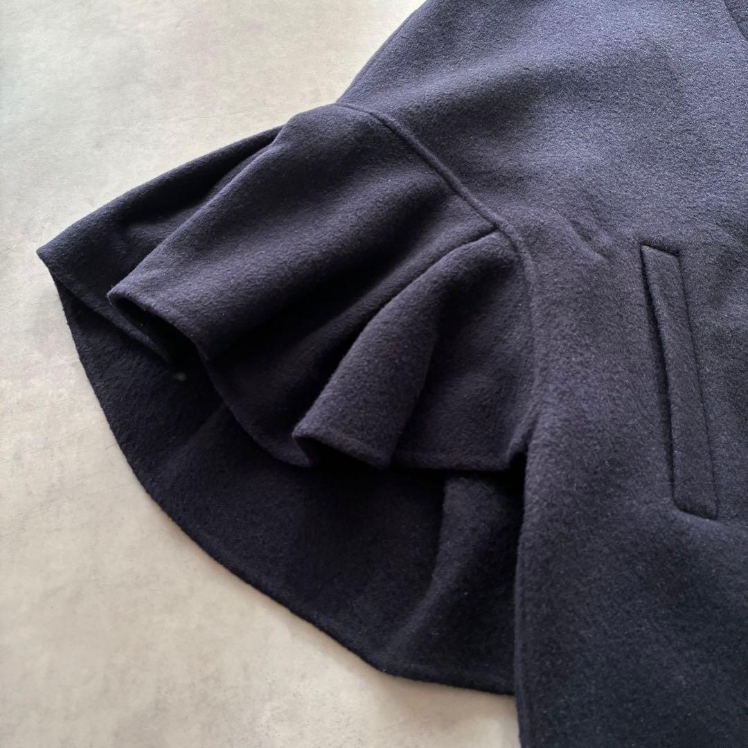 アナイ ゆったり ウール ナイロン リバー ケープ コート フリル袖 ネイビー