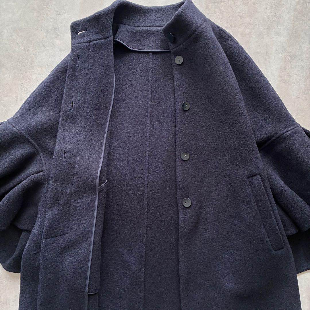 アナイ ゆったり ウール ナイロン リバー ケープ コート フリル袖 ネイビー