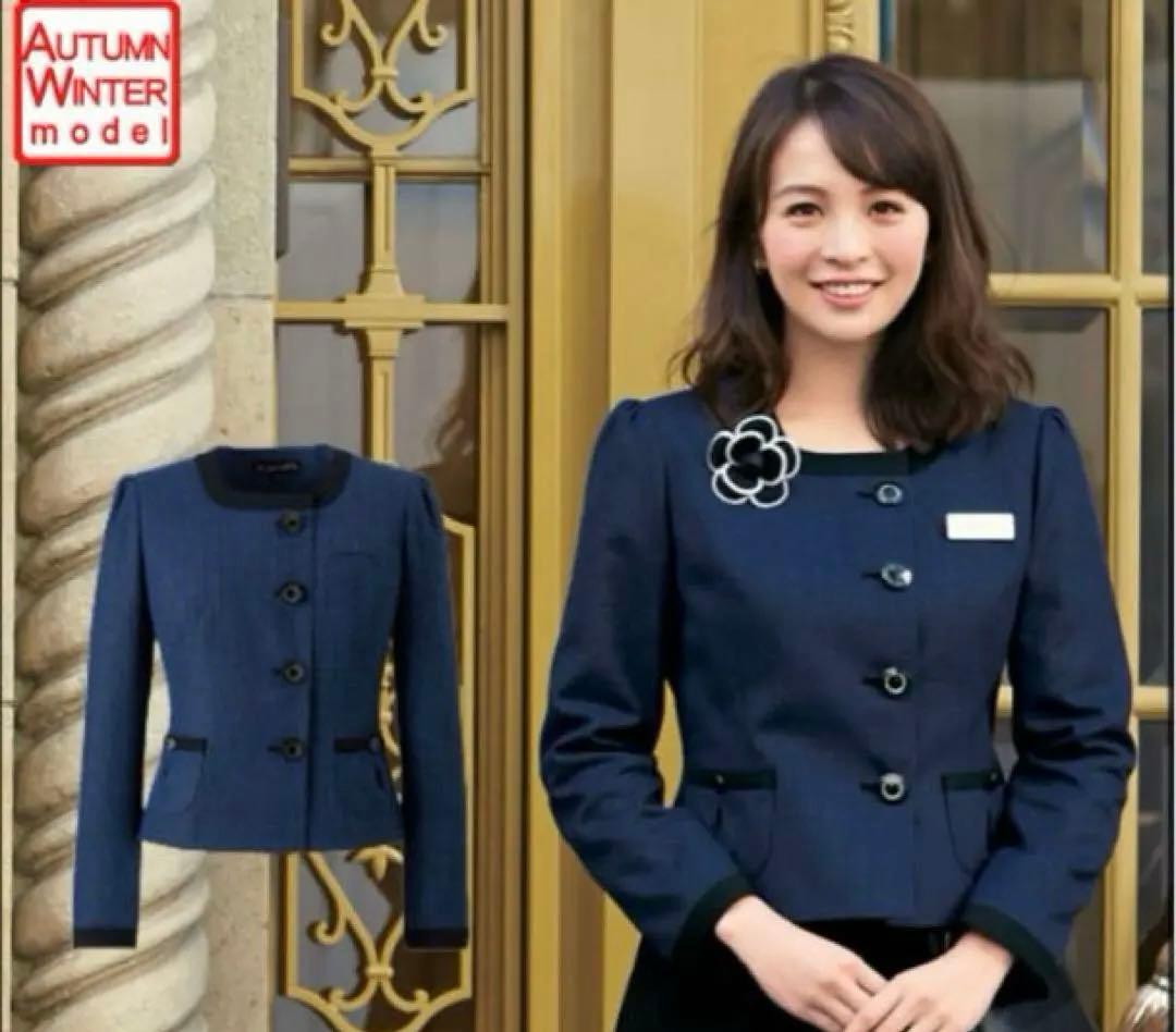 新品タグ付★ en joie ノーカラージャケット 81730 ネイビー　11号