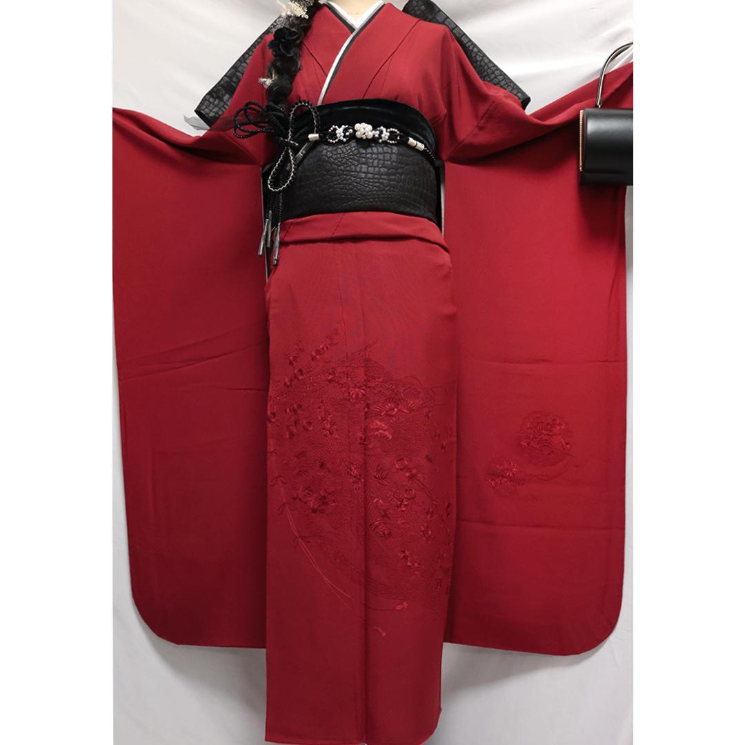 ◆振袖セット ◆刺繍入り色無地丈157cm赤系フルセット35Ao