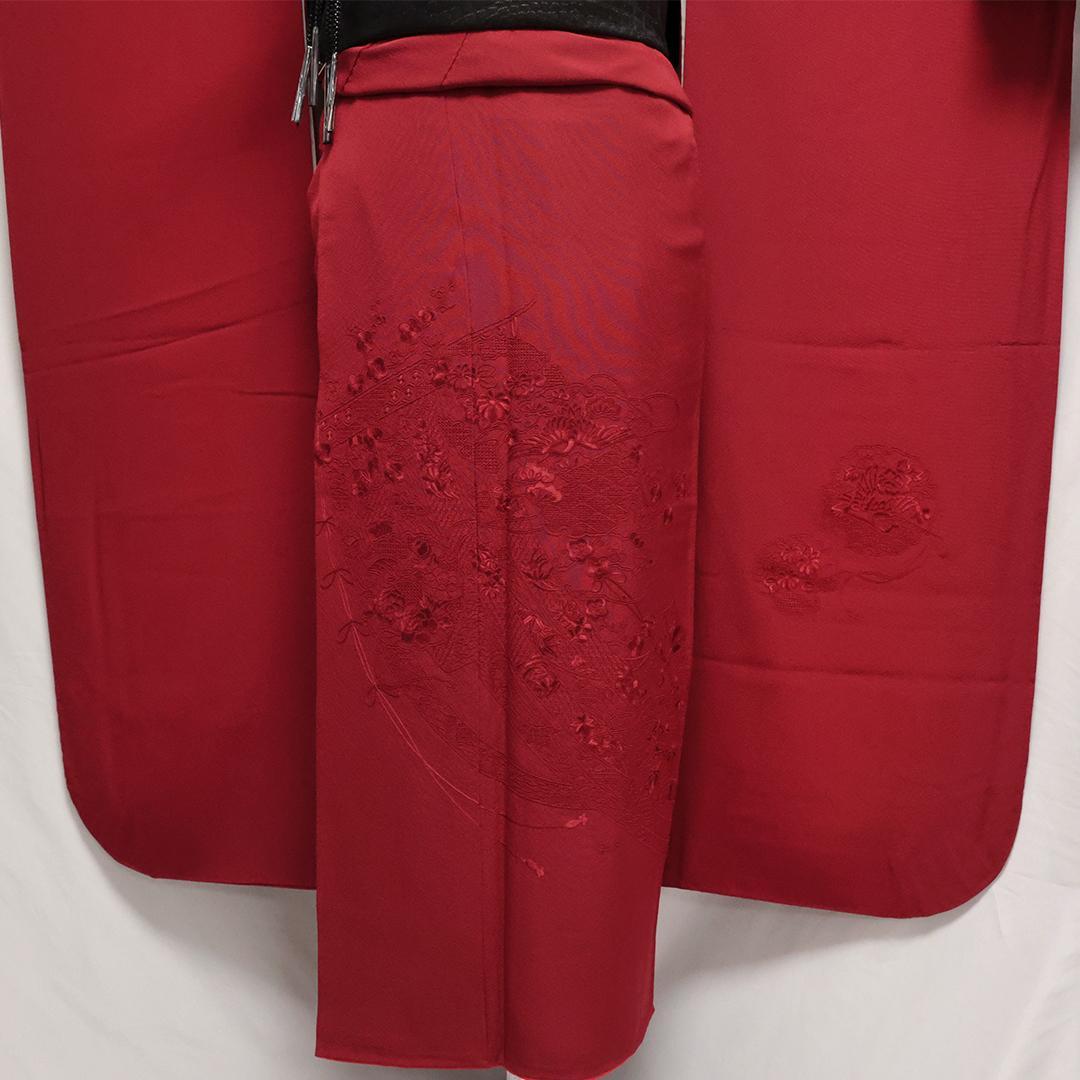 ◆振袖セット ◆刺繍入り色無地丈157cm赤系フルセット35Ao