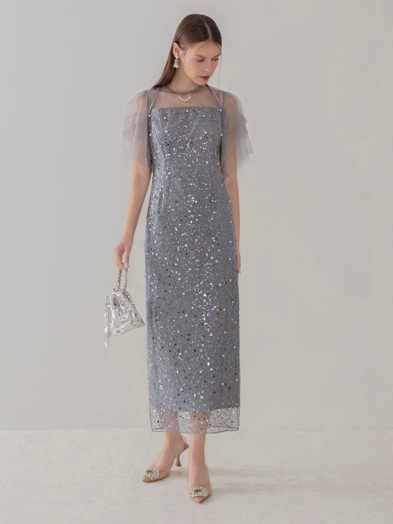 スパンコールパールミックスボレロIラインワンピースドレス結婚式二次会成人式デート