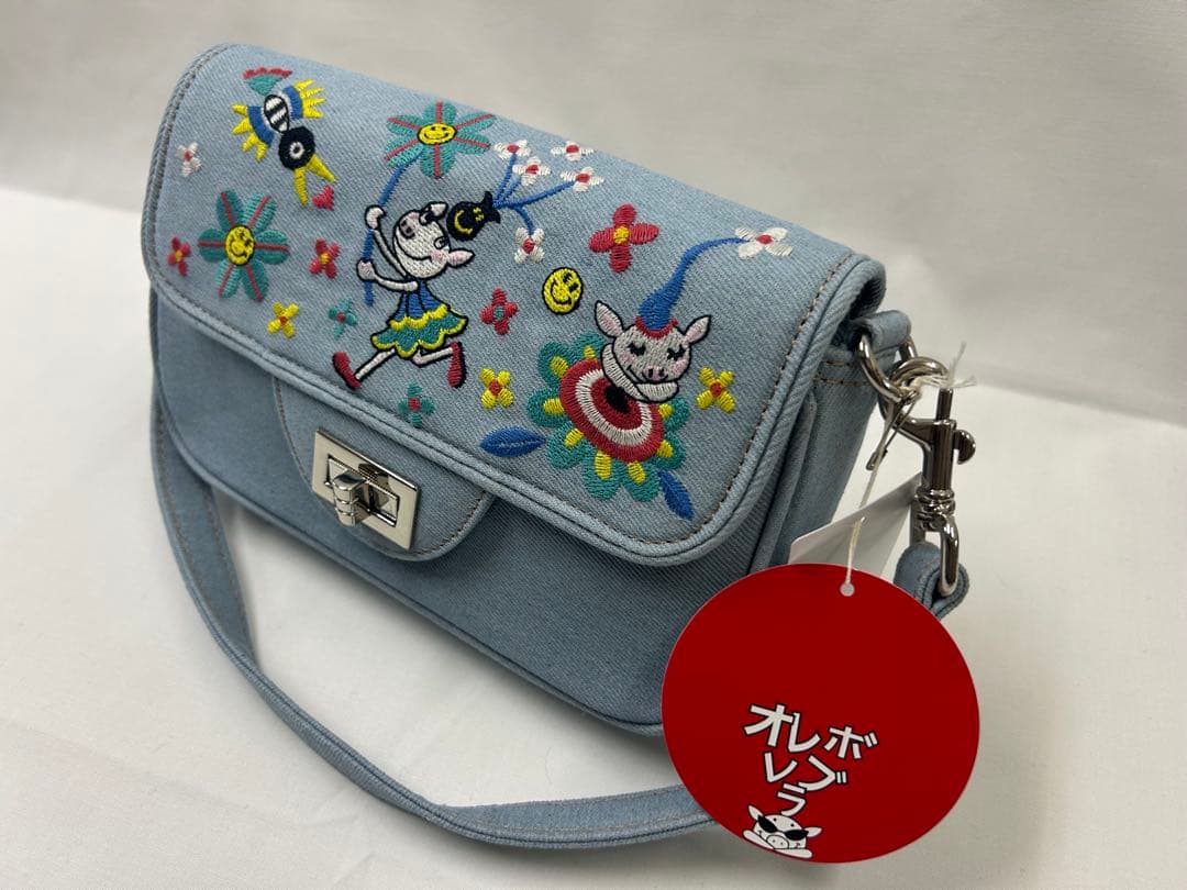 刺繍デザイン ショルダーバッグ 青色