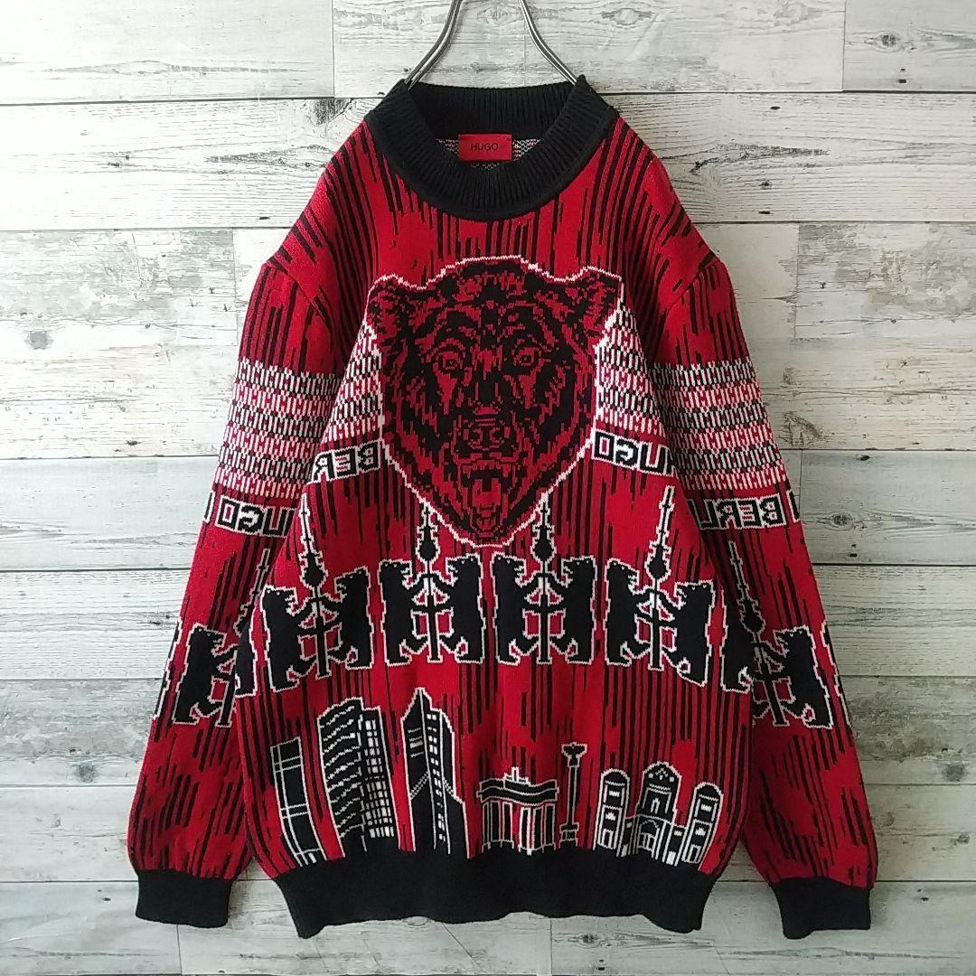 激レアデザイン☆ヒューゴボス クマ ベアー 総柄 ニット XL