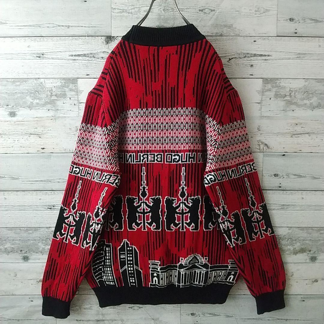 激レアデザイン☆ヒューゴボス クマ ベアー 総柄 ニット XL