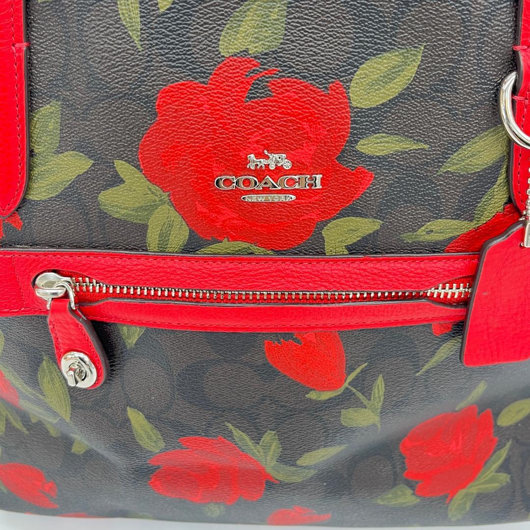 COACH コーチ トートバッグ シグネチャー ローズプリント 赤花 レッド系