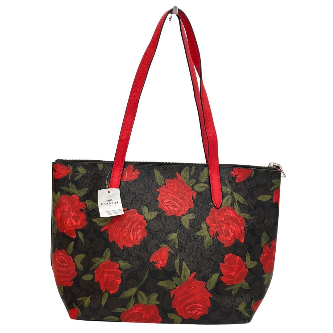 COACH コーチ トートバッグ シグネチャー ローズプリント 赤花 レッド系